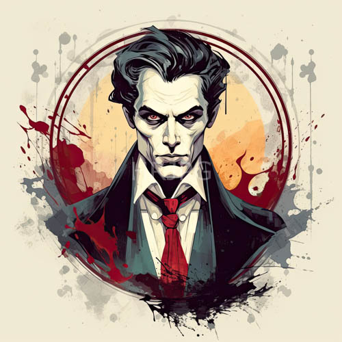 men in dark suits with fiery red intensity gaze out from a twisted bloodred landscape