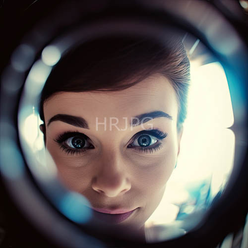 luminous female form emerges against stark background with rich tresses and deepset eyes