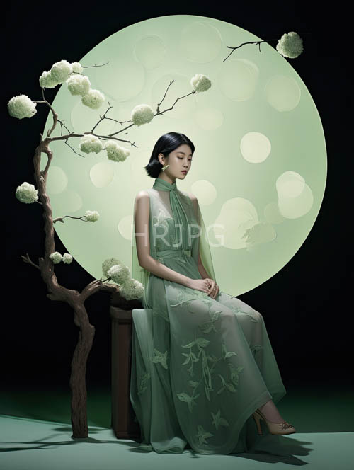ancient tree branches intertwine wisteria and cherry blossoms in moonlit evening atmosphere