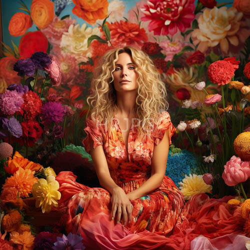 curly blonde woman amidst multicolored flowers in lush greenery setting with intricate patterns