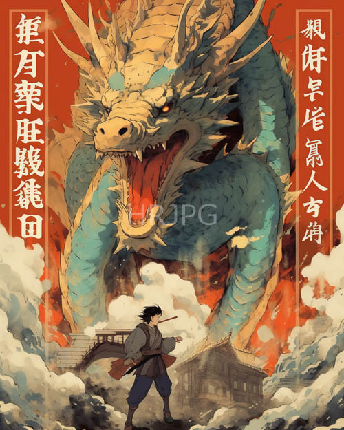 japanese rooftops shelter brave warriors gazing up at blue dragons