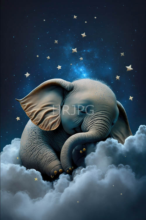elephant slumbering under starlight with celestial clouds and sparkling rings
