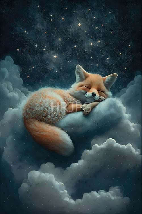 moonlit orange fox slumbers amidst frosted night sky with twinkling celestial bodies