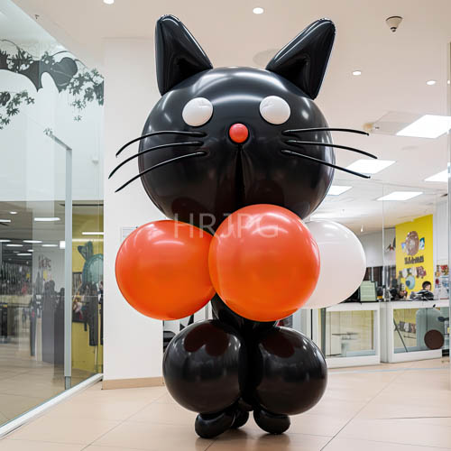 inflated rubber orbs encase a feline form in an oversized luminescent presence near storefronts