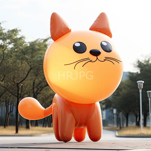 inflatable feline form stands vigilant on weathered wooden planks amidst leafy canopies