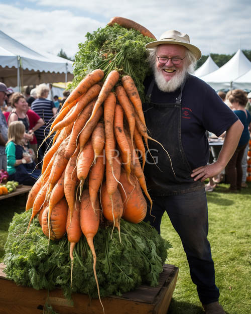 rustic market with elderly man and vibrant orange carrots amidst cobblestone pavement