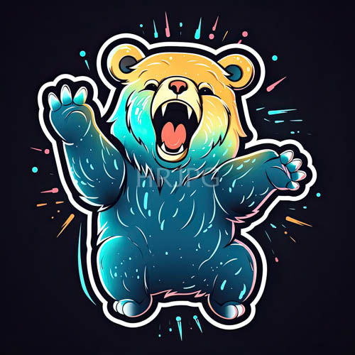 furry bears whimsical stance amidst colorful splashes in a dark inky background
