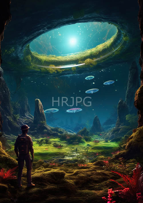 High Resolution: Emerald Hue Cave System Meets Astronaut Encounter in Alien Terrain download. | HRJPG.com