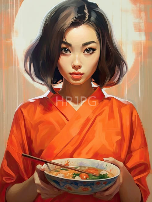 woman amidst gradient hues kimono draped around slender figure steaming bowl cradled in delicate fingers