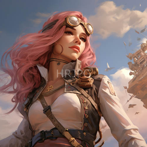steampunk inventress confronts cloudy sky with intricate brass mechanisms
