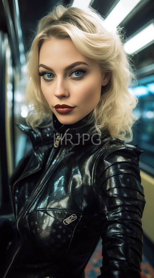 attractive blonde woman exudes confidence in crowded subway car under fluorescent lights