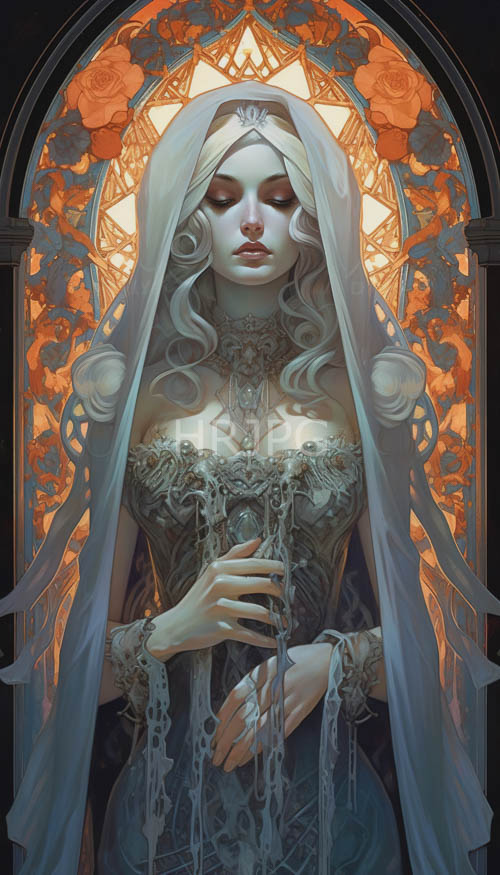 realistic depictions of porcelainskinned women in misty landscapes with intricate details
