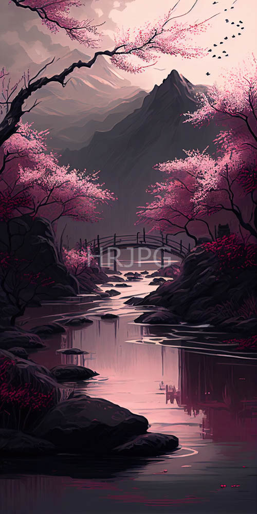 pink hues envelop cherry blossoms in serene riverbank settings amidst fading light