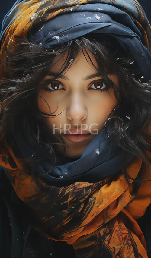 mysterious woman in navy blue enveloped by earthy brown tones and wavy black hues