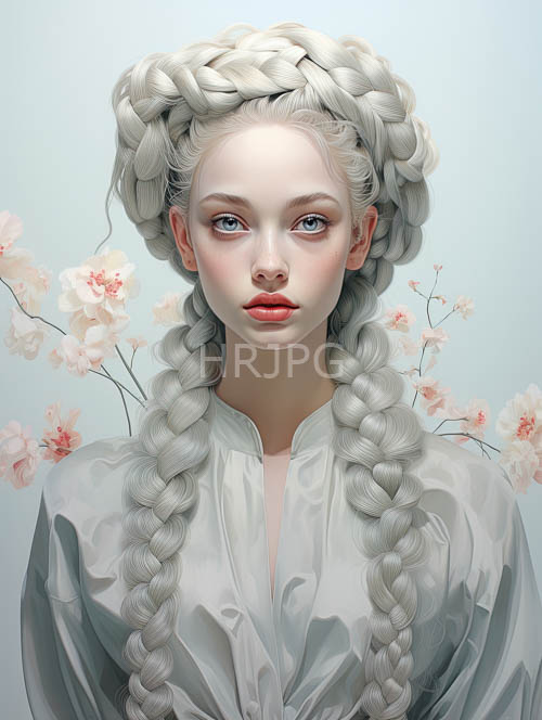High Resolution: Platinum Braids Cascade in Diffuse Light Amidst Cherry Blossoms Soft Petal Dance download. | HRJPG.com