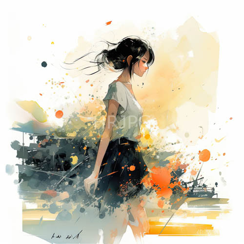 asian womans features intertwined with kaleidoscopic watercolor splatters of orange yellow and green hues