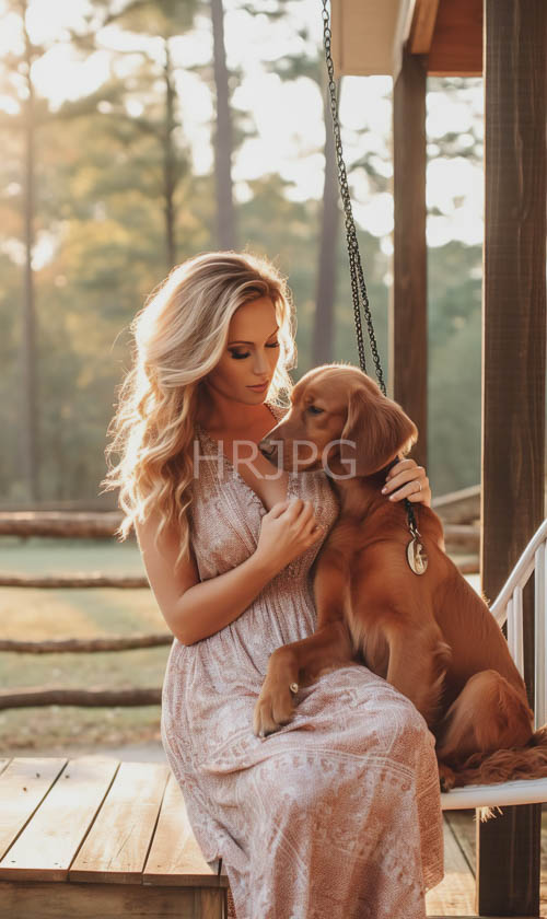 woman cradling dachshund on worn wooden porch amidst leafy canopy