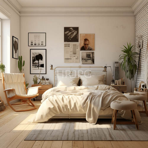 morning light streams through wooden floorboards onto beige blankets and honeybrown nightstands