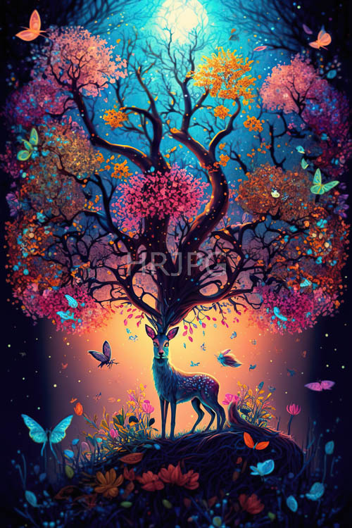 majestic deer amidst towering trees with iridescent bark in velvety night sky environment