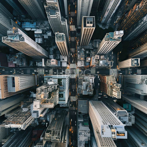 skyscrapers towering over city grid of gray and beige tones reflecting city lights