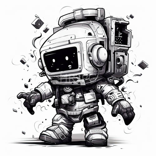 chibi astronaut in space suit with bulky mechanisms and wires