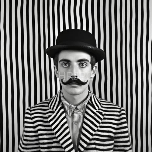 monochromatic space constricts subjects expressive features through striking vertical stripes and graphic makeup