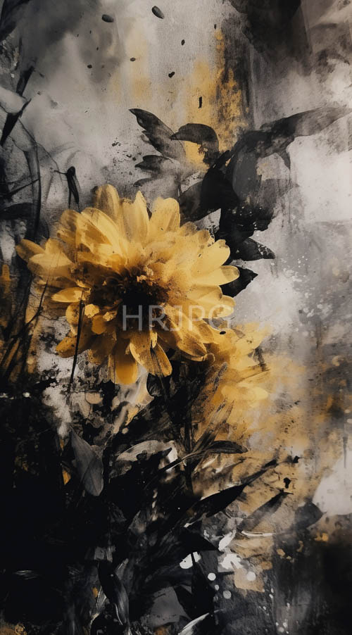 intricate yellow petals unfurl in delicate patterns amidst jagged dark green leaves on black stems amidst textured brushstrokes and shimmering gold accents
