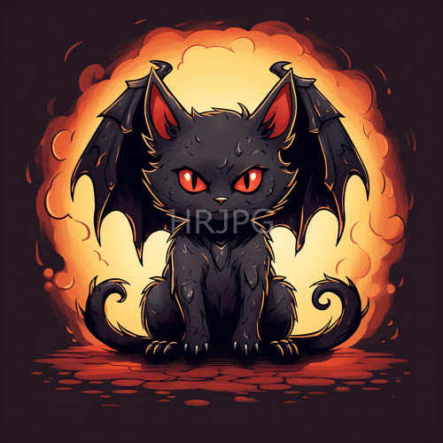 crimsoneyed chibi cat with leathery wings on fractured orangeyellow terrain