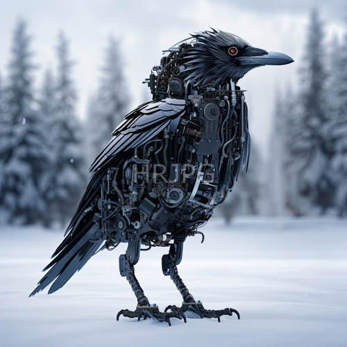 mechanical crow confronts snowcovered forest floor with intricate gearwork