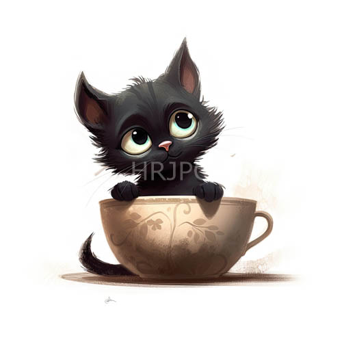 darkness envelops delicate kitten amidst intricate floral pattern of brown teacup and green orbs