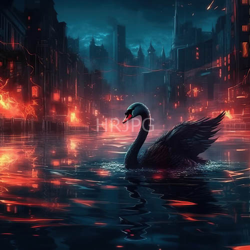neon cityscape reflected in glassy urban water with elegant black swans ripples