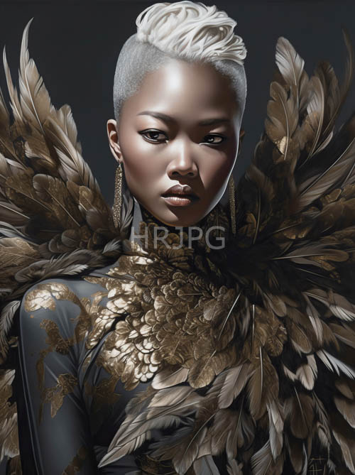intricate patterns of gold dance across her shoulders in a subtle contrast