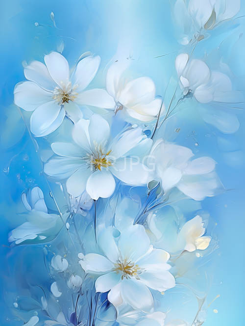 delicate white petals unfurl on ethereal blue backgrounds with faint green leaves