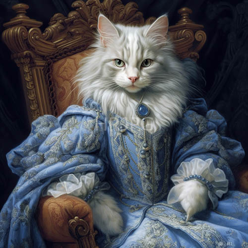 majestic white persian cat sits regally on intricately carved ornate wooden throne