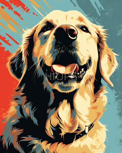 sunlit canine amidst a kaleidoscopic background of splattered reds and blues