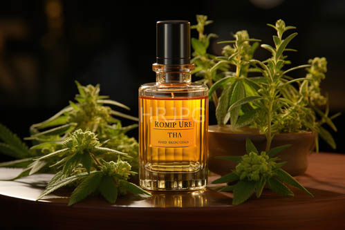 romania tha amber bottle amidst muted cannabis and terracotta