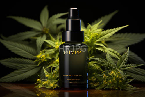 intricately carved wooden desk background with sprawling cannabis leaves and glass bottle accents