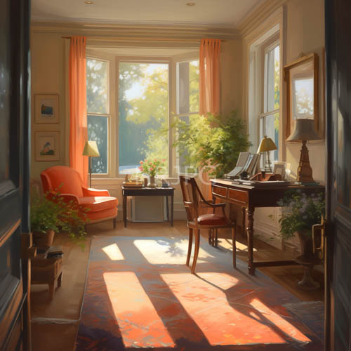 sunlit patterns on rich redpatterned carpeting amidst elegant wooden desk and potted plants