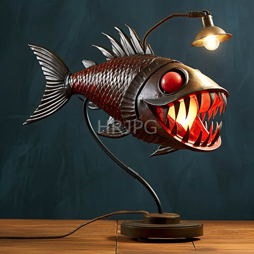 fishshaped lamp casts shadows on worn wooden surface in teal background