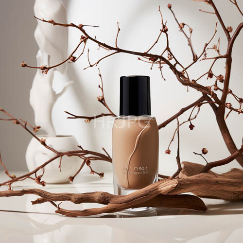 High Resolution: Nopi Bottle on Pristine White Surface with Interwoven Branches and Sculptural Forms download. | HRJPG.com