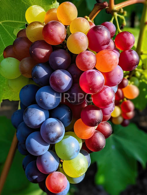 densely clustered purple grapes reflect dew on lush vine amidst intertwined green foliage