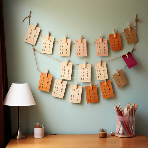 wooden number cards adorn light green wall in whimsical twine pattern amidst worn wooden desk