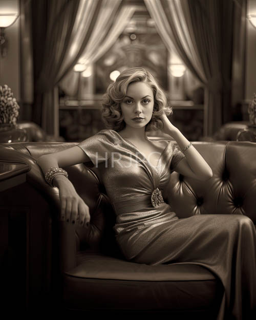 elegant woman seated on tufted leather couch amidst creamhued drapes and delicate beading
