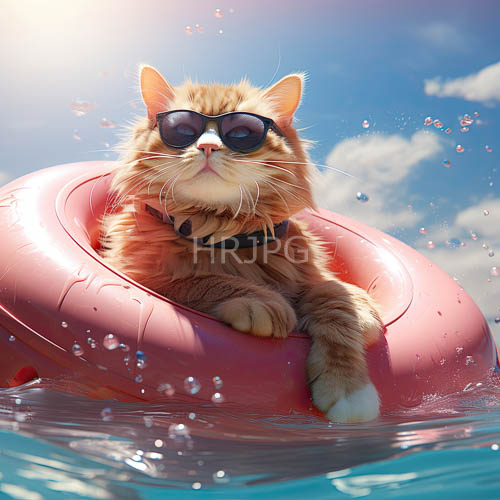 aquatic with orange tabby cat and ripples on clear blue water