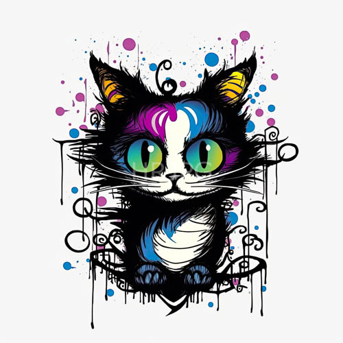 abstract feline form in deep purpleblue hues amidst white scenery with swirling lines