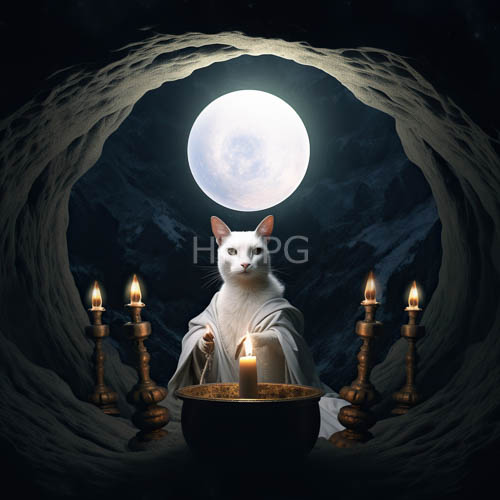 majestic albino cat amidst flickering candlelight in ancient cave setting