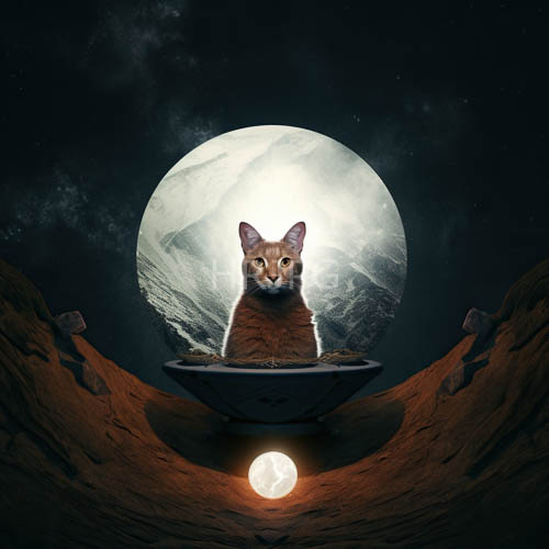 spacecraft consoles seat tabby cats looking at rocky terrain