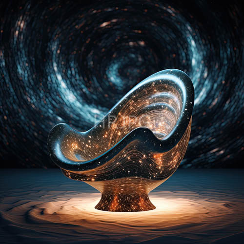 cosmic spiral patterns emanate from translucent fluidshaped glass sculpture in ambient light