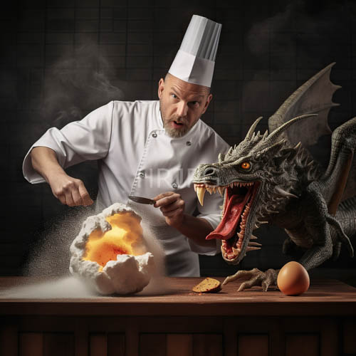 caucasian chefs hands move deftly over weathered wooden table amidst fiery orange bread roll