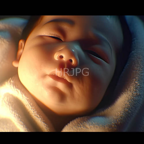 newborn babys face creases visible amidst fine lines of gentle sleep amidst downy hair creamy beige fabric